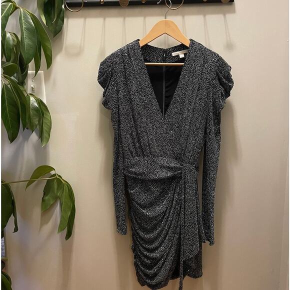 Jonathan Simkhai Glitter Mesh Jersey V Neck Mini Dress | 4 Gunmetal MSRP $800 - Picture 4 of 13